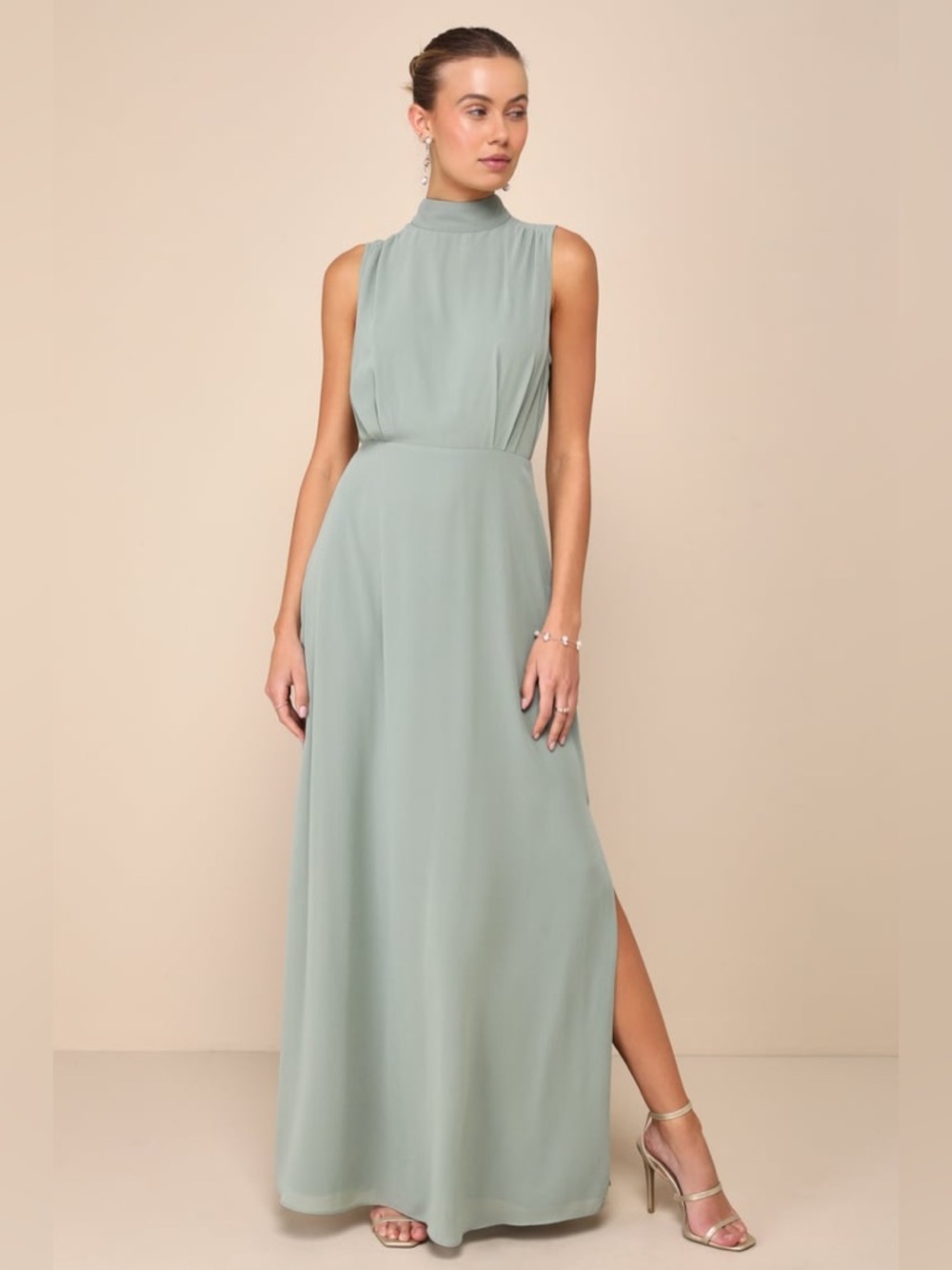 Lulu's Sage Green High-Neck Maxi Dress